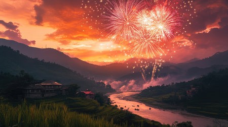Glorious fireworks above a South Asian landscape, celebrating with vibrant colors and copy spaceの素材