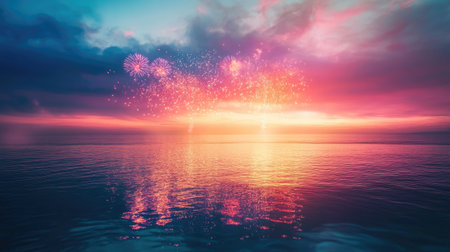 Multicolored fireworks explode above a calm ocean, reflecting on the water. No people, celebration scene, copy spaceの素材