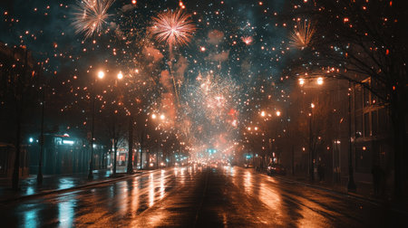 Glorious fireworks burst in the sky over an empty street, celebrating with copy spaceの素材