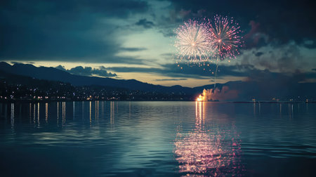Fireworks reflecting on the water in a peaceful bay, celebration concept with space for copyの素材