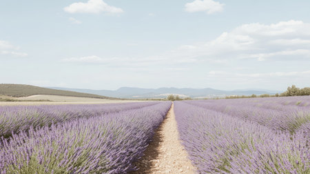 Lavender fields in Provence, France, stretching into the distance, room for text in the sky.の素材