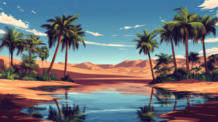 African desert oasis with palm trees and clear water, leaving room for text in the skyの素材