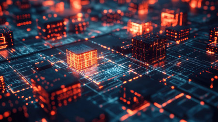 Digital interface with interconnected glowing cubes on a tech process backdropの素材