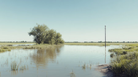 A rural area flooded with water, with ample space for copy in the clear sky.の素材