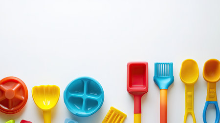 A set of beach toys, including molds and shovels, placed neatly on a white background, with space for copy.の素材
