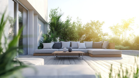 Contemporary outdoor seating area with modern furniture and ample space for textの素材