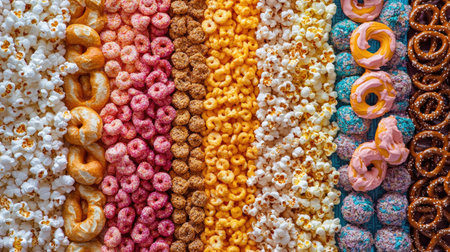 Colorful array of street food snacks like popcorn and pretzels, displayed with space for copyの素材