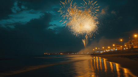 Bright fireworks in the night sky over a South Asian beach, celebrating the night with room for textの素材