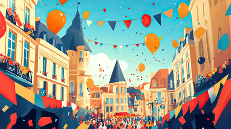 Cartoon illustration of a European festival parade with flags, balloons, and room for text in the backgroundの素材