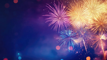 Bright fireworks in the night sky over a South Asian river, no people, with copy space for festive messagesの素材