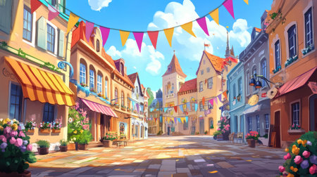 A vibrant cartoon festival in a European town square with streamers and banners, with ample copy spaceの素材