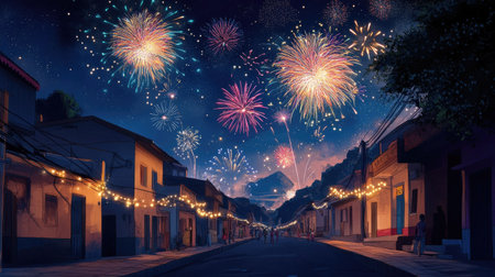 Bright fireworks in the night sky above a quiet South Asian street, celebration with text spaceの素材