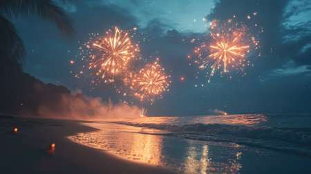 Bright fireworks in the night sky over a South Asian beach, celebrating the night with room for textの素材
