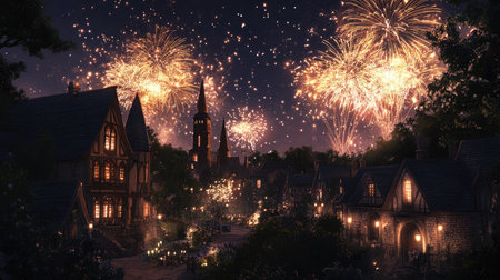 Fireworks explode above a quiet village, celebrating the night with space for textの素材