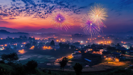 Fireworks above a South Asian countryside, celebration concept with ample room for textの素材