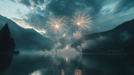Fireworks explode in the sky over a mountain lake. No people, with plenty of room for textの素材