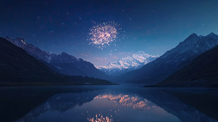 Fireworks reflect on a South Asian mountain lake, celebrating a festival night with copy spaceの素材