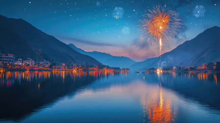 Fireworks reflect on a South Asian lake, vibrant colors with ample space for festive copyの素材