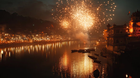 Fireworks reflect on a South Asian river during a festival, no people, with space for textの素材