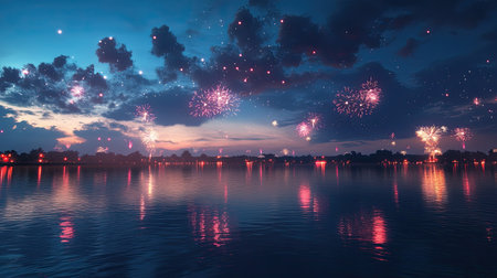 Fireworks reflect on a serene South Asian lake, celebrating a festival night with copy spaceの素材