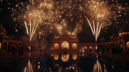 Stunning fireworks above a South Asian palace courtyard, celebrating the night with copy spaceの素材