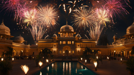 Stunning fireworks above a South Asian palace courtyard, celebrating the night with copy spaceの素材