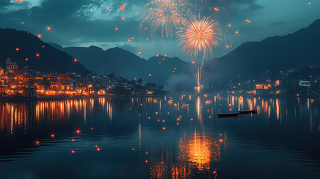 Fireworks reflect on a South Asian coastal town, celebration concept with room for copyの素材