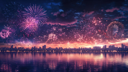 Stunning fireworks burst in the sky over a calm lake, no people, with copy spaceの素材