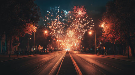 Stunning fireworks in the night sky over a quiet street, celebrating with ample space for textの素材