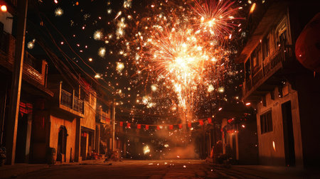 Stunning fireworks display over a quiet South Asian street, celebration concept with room for textの素材