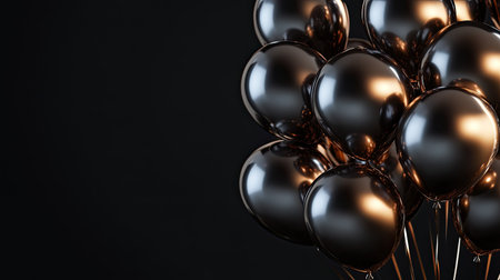 A bunch of metallic balloons shimmering in front of a dark backdrop, with text space availableの素材