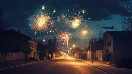Stunning fireworks in the night sky over a quiet street, celebrating with ample space for textの素材