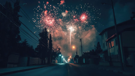 Stunning fireworks in the night sky over a quiet street, celebrating with ample space for textの素材