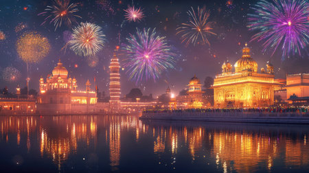 Vibrant fireworks over a South Asian temple complex, with ample copy space for festive messagesの素材