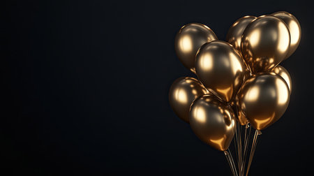 A bunch of metallic balloons shimmering in front of a dark backdrop, with text space availableの素材
