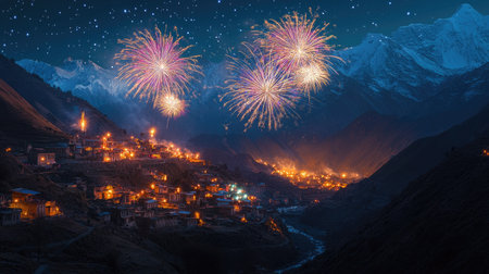 Vibrant fireworks over a South Asian mountain village, celebrating with bright colors and copy spaceの素材