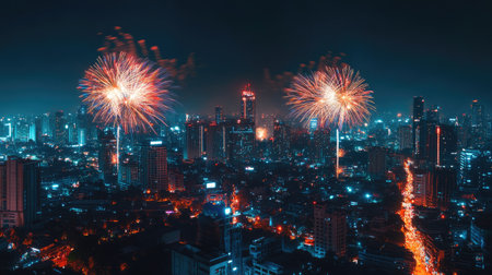 Vibrant fireworks light up a South Asian cityscape, celebration concept with ample room for copyの素材