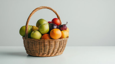 Assorted fruits and vegetables in a wicker basket on white table, healthy and fresh with room for copyの素材