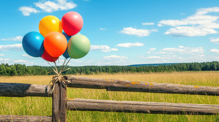 Balloons tied to a rustic fence in a scenic field, perfect for celebration themes with copy spaceの素材