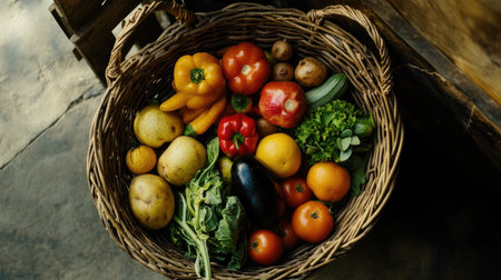 Assorted produce in a rustic basket, healthy and organic top view with ample space for writingの素材