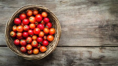 Bright produce in a basket on wood surface, viewed from above, ideal for wellness themes with space for textの素材