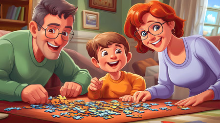 Cartoon family working on a puzzle together at home, happy and engaged, with ample room for textの素材