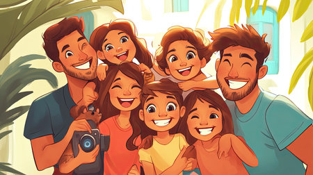 Cartoon illustration of a family taking a group photo with big smiles, with space for textの素材