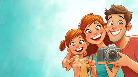 Cartoon illustration of a family taking a group photo with big smiles, with space for textの素材