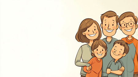 Cartoon of a happy family gathered together, smiling with ample copy space for text in the backgroundの素材