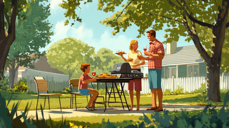 Cartoon of a family enjoying a summer barbecue outside, with ample copy space for messagesの素材