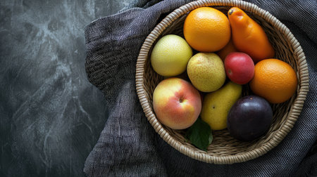 Fresh fruits and vegetables in a woven basket, clean top view with space for health-oriented copyの素材