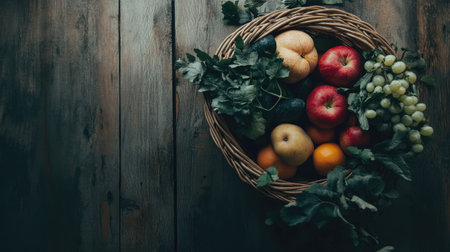Fresh produce in a basket on wood background, showcasing nutrition with ample text areaの素材