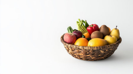 Freshly harvested fruits and veggies in woven basket on white background, ideal for wellness messages with text spaceの素材