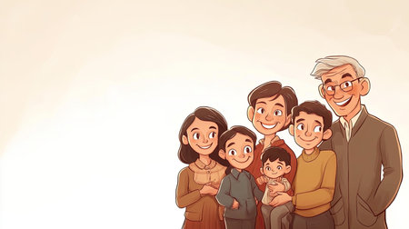 Cartoon of a happy family gathered together, smiling with ample copy space for text in the backgroundの素材